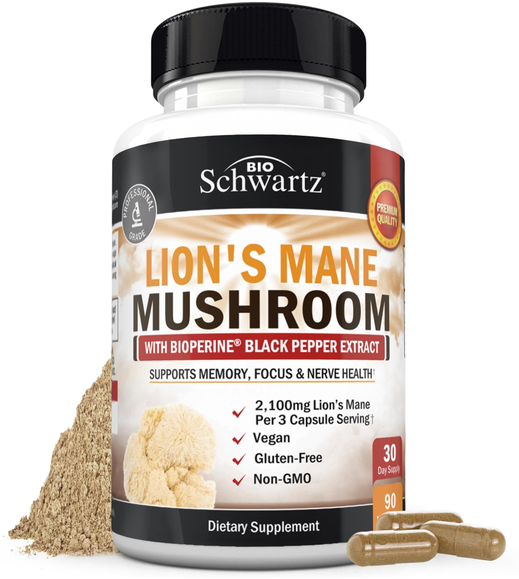 BioSchwartz Organic Lions Mane Supplement Capsules, 2100mg, 90 Count